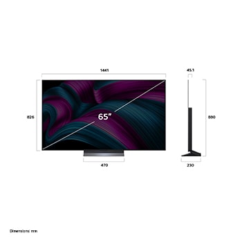 Vista de frente y lateral de la Smart TV LG OLED AI C5E 4K en la que se ven sus dimensiones de longitud, ancho, altura y profundidad.