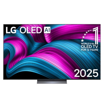 Vista de frente de la Smart TV LG OLED AI C5E 4K. El emblema de OLED de ser el n.º 1 del mundo durante 12 años y el logotipo de LG OLED AI 2025 aparecen en la pantalla.