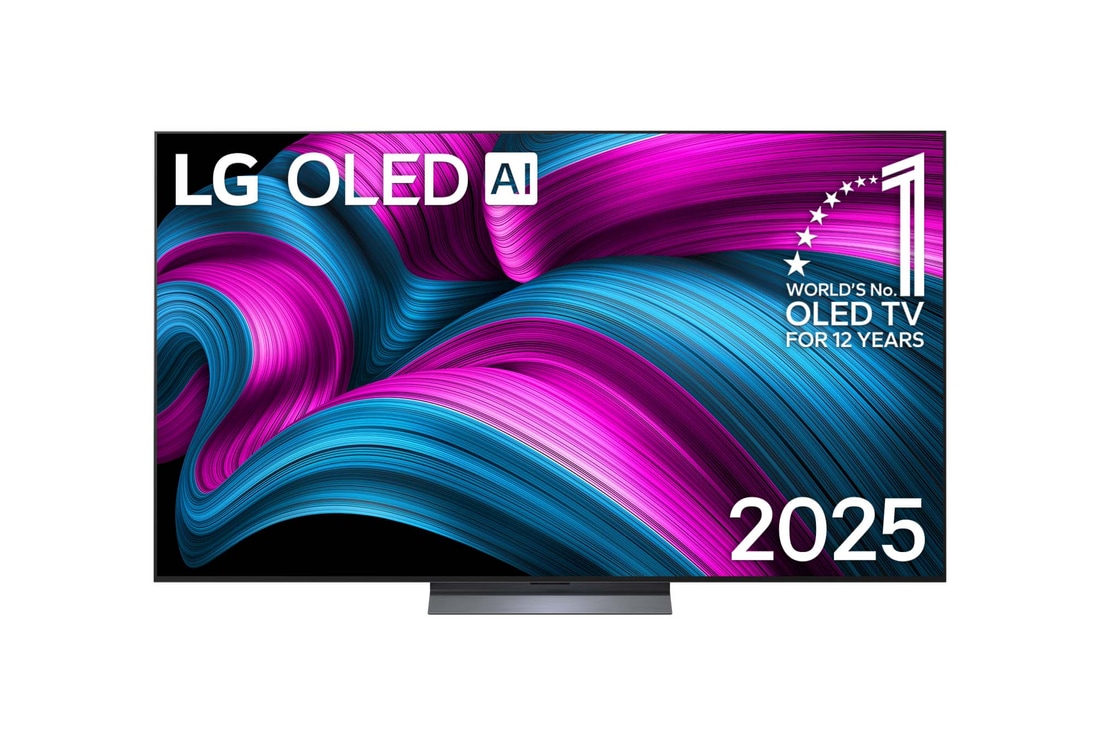 Vista de frente de la Smart TV LG OLED AI C5E 4K. El emblema de OLED de ser el n.º 1 del mundo durante 12 años y el logotipo de LG OLED AI 2025 aparecen en la pantalla.