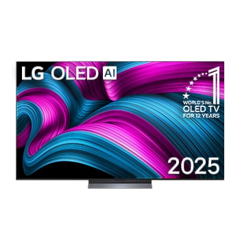 Vista de frente de la Smart TV LG OLED AI C5E 4K. El emblema de OLED de ser el n.º 1 del mundo durante 12 años y el logotipo de LG OLED AI 2025 aparecen en la pantalla.