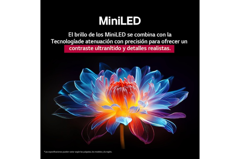 Flor holográfica en 3D con diferentes sombras y tonos sobre fondo negro. La definición y el detalle de la flor resaltan la capacidad del MiniLED de QNED de producir imágenes con color, brillo y contraste excepcionales. El título habla de cómo MiniLED mejora la claridad y proporciona un contraste excepcional.