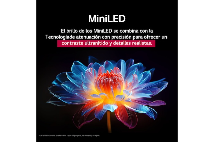 Flor holográfica en 3D con diferentes sombras y tonos sobre fondo negro. La definición y el detalle de la flor resaltan la capacidad del MiniLED de QNED de producir imágenes con color, brillo y contraste excepcionales. El título habla de cómo MiniLED mejora la claridad y proporciona un contraste excepcional.