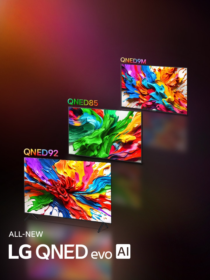 Los televisores LG QNED92 y LG QNED85 se presentan uno al lado del otro. Sus pantallas presentan ilustraciones coloridas que resaltan la nueva tecnología de reproducción de colores vibrantes y vibrantes del LG QNED. El nuevo logotipo LG QNED evo AI también está presente.
