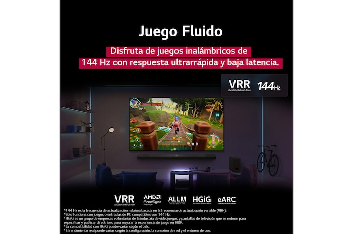Una sala de estar con luz tenue y una pantalla de juego mostrada en la QNED9M. La Caja de conexión cero se encuentra dentro de una mesa ratona. El texto habla de juegos inalámbricos de 144Hz con respuesta ultrainmediata y baja latencia.