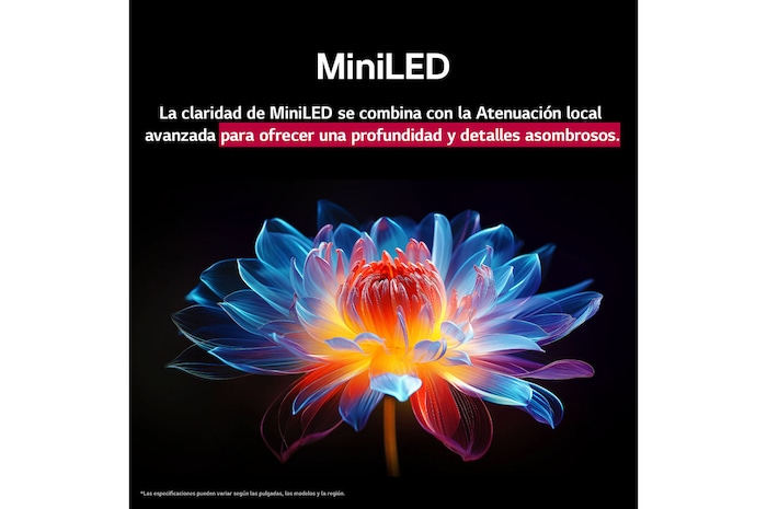 Flor holográfica en 3D con diferentes sombras y tonos sobre fondo negro. La definición y el detalle de la flor resaltan la capacidad del MiniLED de QNED de producir imágenes con color, brillo y contraste excepcionales. El título habla de cómo MiniLED mejora la claridad y proporciona un contraste excepcional.