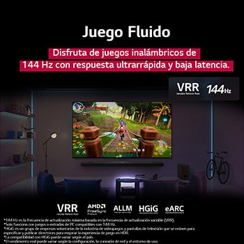Una sala de estar con luz tenue y una pantalla de juego mostrada en la QNED9M. La Caja de conexión cero se encuentra dentro de una mesa ratona. El texto habla de juegos inalámbricos de 144Hz con respuesta ultrainmediata y baja latencia.