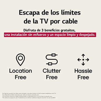 Tres íconos que representan los 3 beneficios gratuitos de la LG True Wireless TV. Instalación en cualquier lugar, sin elementos que estorben, sin complicaciones. El texto habla de olvidarse de los límites de la TV por cable y disfrutar de una instalación sin esfuerzo, además de un espacio limpio y despejado.