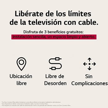 Tres íconos que representan los 3 beneficios gratuitos de la LG True Wireless TV. Instalación en cualquier lugar, sin elementos que estorben, sin complicaciones. El texto habla de olvidarse de los límites de la TV por cable y disfrutar de una instalación sin esfuerzo, además de un espacio limpio y despejado.