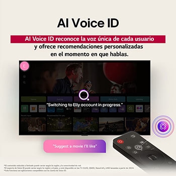 Pantalla de LG TV con un AI Magic Remote de fondo. El botón de IA está resaltado y con un globo de texto: Sugiere una película que me guste. En la pantalla, se muestra el ícono de usuario E, que indica cómo AI Voice ID identificó al usuario y dio recomendaciones personalizadas basándose únicamente en su voz. 