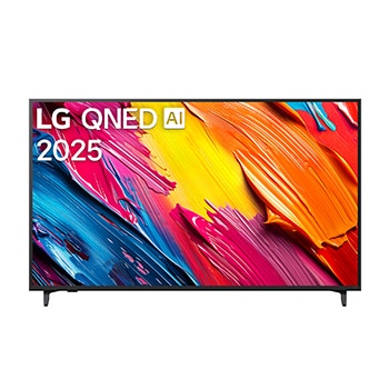 Front view of LG QNED70 TV, LG QNED Al Logo on the top corner. LG QNED TV depicts colorful paintike textures coming together.