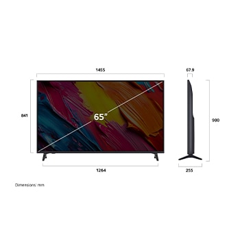 Front view and side view of LG QNED AI QNED70 4K Smart TV showing its length, width, height, and depth dimensions.