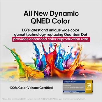 Salpicaduras de pintura de diversos colores irrumpen desde el suelo hacia arriba. Certificación de Intertrek para 100% de volumen de color para DCI-P3. El título habla de la nueva y exclusiva tecnología de amplia gama de colores de LG, que permite ver colores vivos en la pantalla.