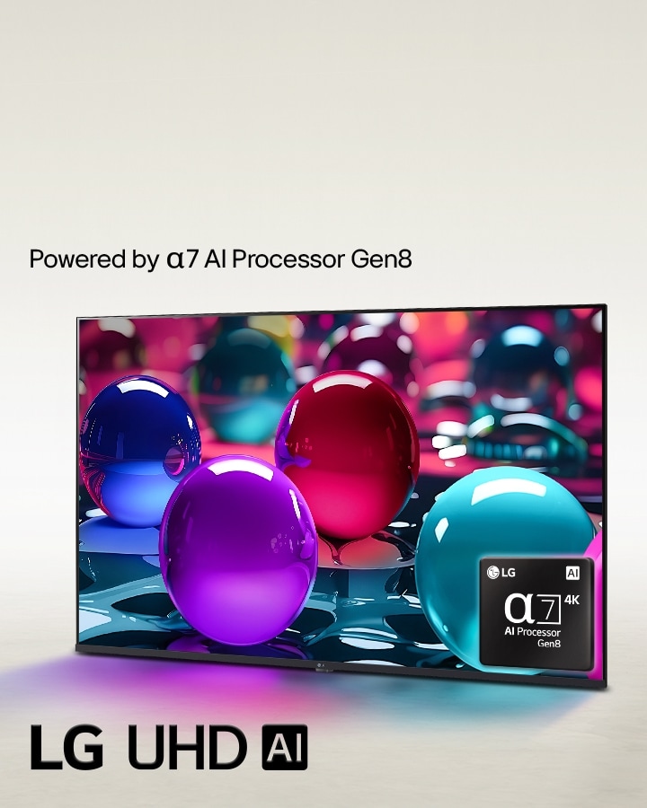 La LG UHD TV aparece ligeramente inclinada hacia la izquierda y muestra canicas de colores en diferentes tonos de rosa, azul y púrpura. El logotipo del procesador alpha 7 4K AI aparece integrado en la esquina inferior derecha de la TV. El logotipo de LG UHD AI aparece en la esquina inferior izquierda. También puede verse el texto: “Con tecnología del procesador LG alpha AI”.