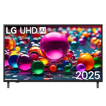 Vista de frente de la UHD UA75 TV, logotipo de LG UHD Al en la esquina superior. En la LG UHD TV se muestran coloridas texturas como de pinturas que se combinan.