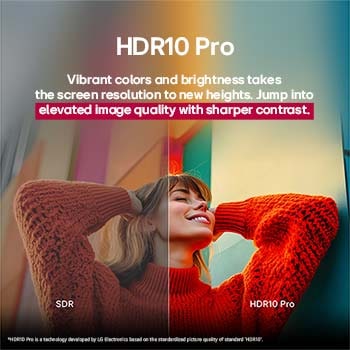 Una foto de una chica con un suéter rojo dividida por la mitad para mostrar el lado izquierdo en SDR y el lado derecho en HDR10 Pro. La parte derecha de la imagen es más nítida y tiene mayor contraste que la izquierda. El título hace referencia a cómo HDR10 Pro ofrece una calidad de imagen superior y un contraste más nítido. 
