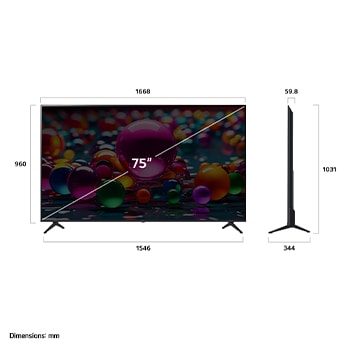 Vista de frente y lateral de la Smart TV LG UHD AI UA75 4K en la que se ven sus dimensiones de longitud, ancho, altura y profundidad.