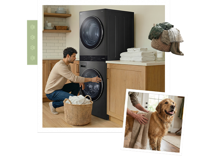 Hombre cargando la lavadora mientras un golden retriever permanece cerca en un interior de hogar cálido	