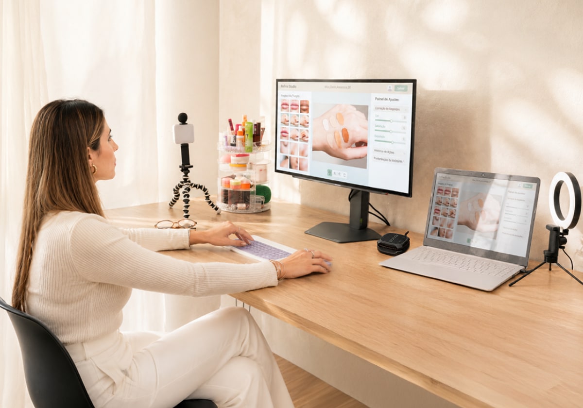 La creadora revisando contenido de belleza en la pantalla de color del monitor LG, con trípode, bocina xboom y laptop