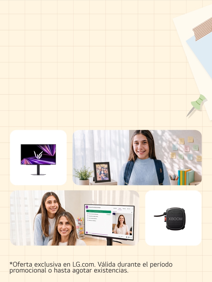 Un banner con fondo de cuadrícula y collage de imágenes: al centro muestra a una madre y su hija sonriendo junto a un monitor, a una adolescente con mochila en un salón de clases, y vistas de producto de un monitor LG y un altavoz portátil XBOOM.