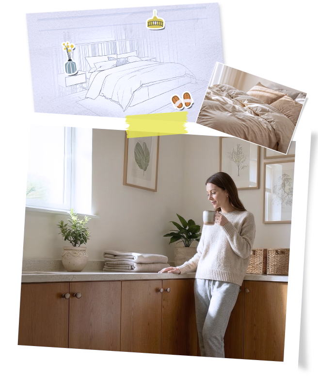 Mujer renovando la ropa de cama con una lavadora-secadora LG como parte de una rutina tranquila de fin de semana.