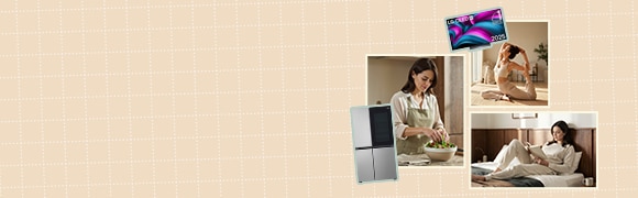 Visual clave de estilo de vida que muestra rutinas diarias en casa con electrodomésticos LG	