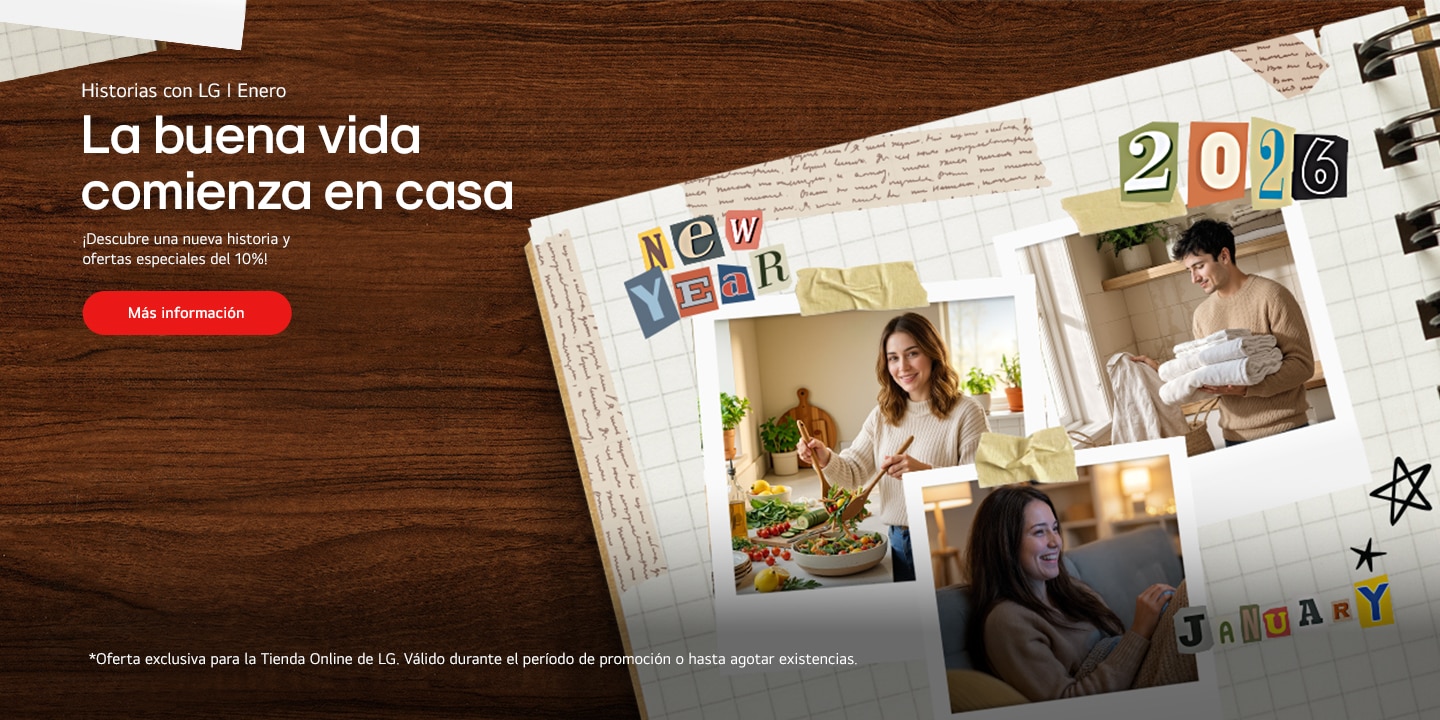 Un diario sobre un escritorio de madera, con un collage de decoraciones de Año Nuevo y fotos Polaroid de personas disfrutando los electrodomésticos LG.