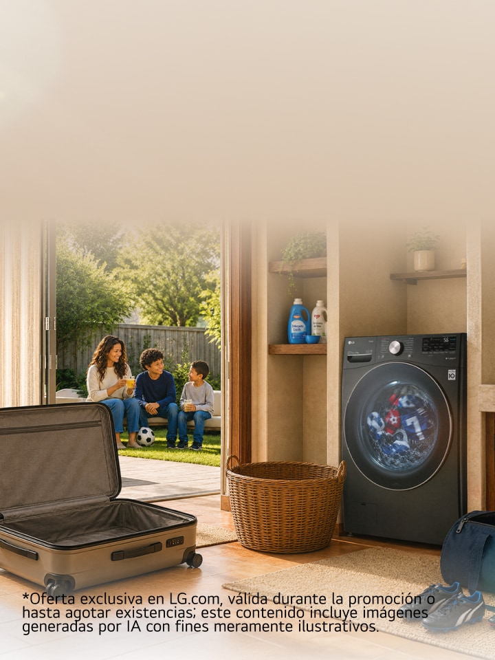 Uma imagem principal de estilo de vida mostrando as rotinas diárias em casa com eletrodomésticos LG. *Oferta exclusiva en LG.com, válida durante la promoción o hasta agotar existencias; este contenido incluye imágenes generadas por IA con fines meramente ilustrativos.