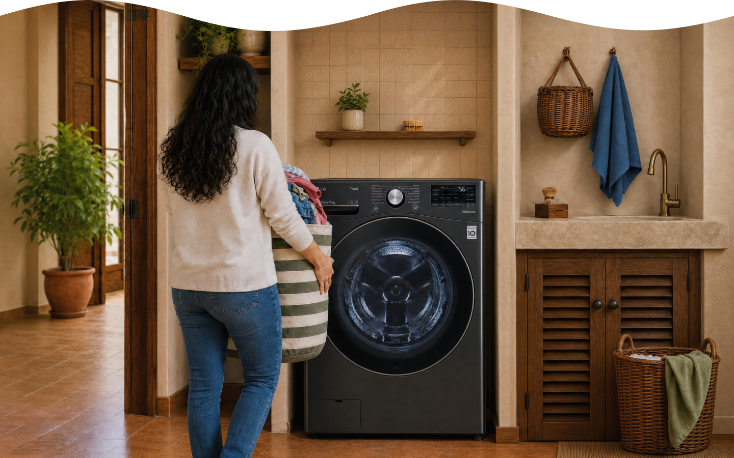 Una mamá lleva una canasta con ropa hasta una lavadora LG de carga frontal en una lavandería residencial.