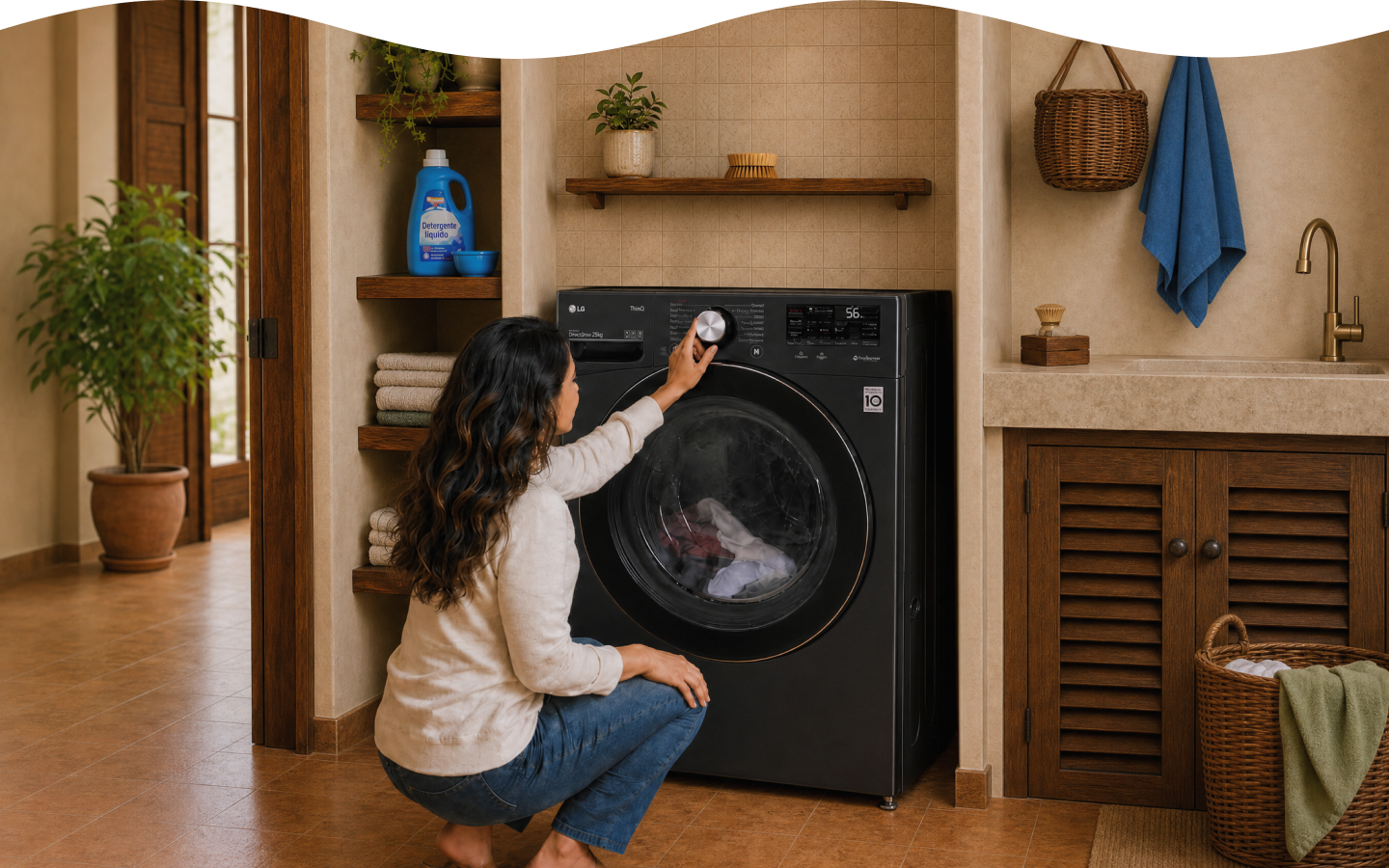 Una mamá ajusta las configuraciones de una lavadora LG de carga frontal en la lavandería.