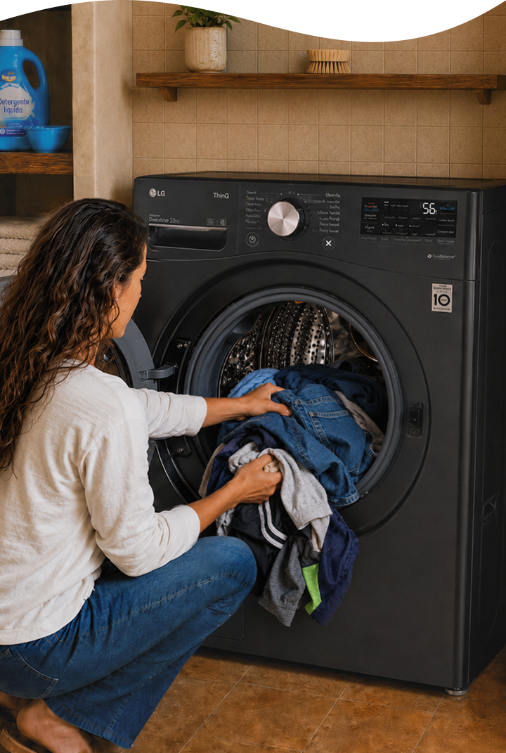 Una mamá mete ropa en una lavadora LG de carga frontal en el cuarto de lavado.