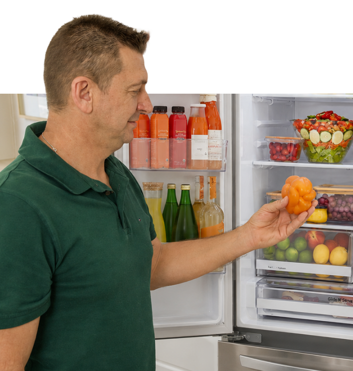 Marcos selecciona ingredientes frescos de su refrigerador LG.
