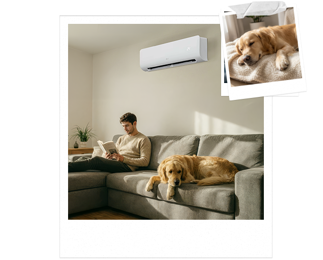 Hombre relajándose en el sofá con un golden retriever descansando cerca en una sala fresca y tranquila