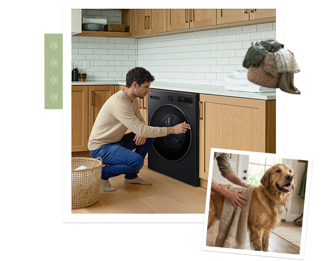 Hombre cargando la lavadora mientras un golden retriever permanece cerca en un interior de hogar cálido