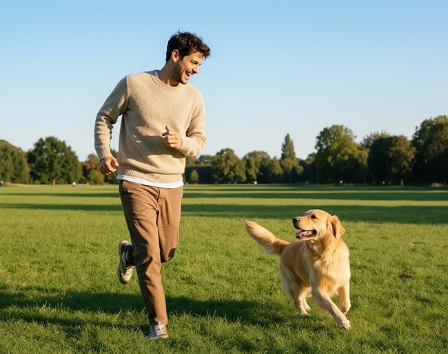 Hombre jugando con un golden retriever en un parque soleado durante un paseo relajado