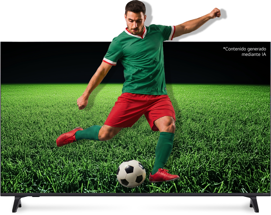 Un jugador de fútbol que parece salir de una pantalla vibrante de TV LG QNED para patear un balón. *contenido generado mediante IA