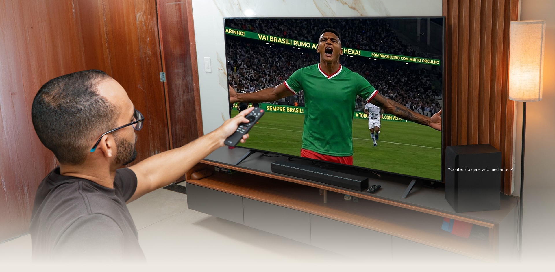 Rapael viendo un partido de fútbol vibrante en una LG QNED TV *contenido generado mediante IA
