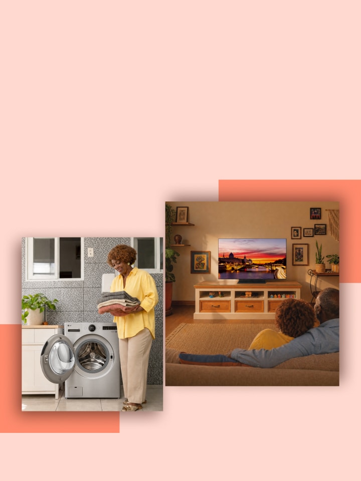 Uma imagem principal de estilo de vida mostrando as rotinas diárias em casa com eletrodomésticos LG. *Oferta exclusiva en LG.com. Válida durante el período promocional o hasta agotar existencias.