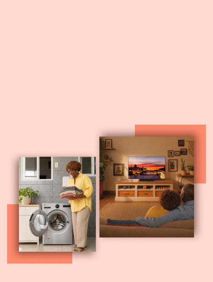 Collage de Sandra junto a la lavasecadora LG con ropa doblada, un perro acostado entre dos pares de zapatos y Sandra y Manoel viendo la TV LG OLED desde el sofá.
