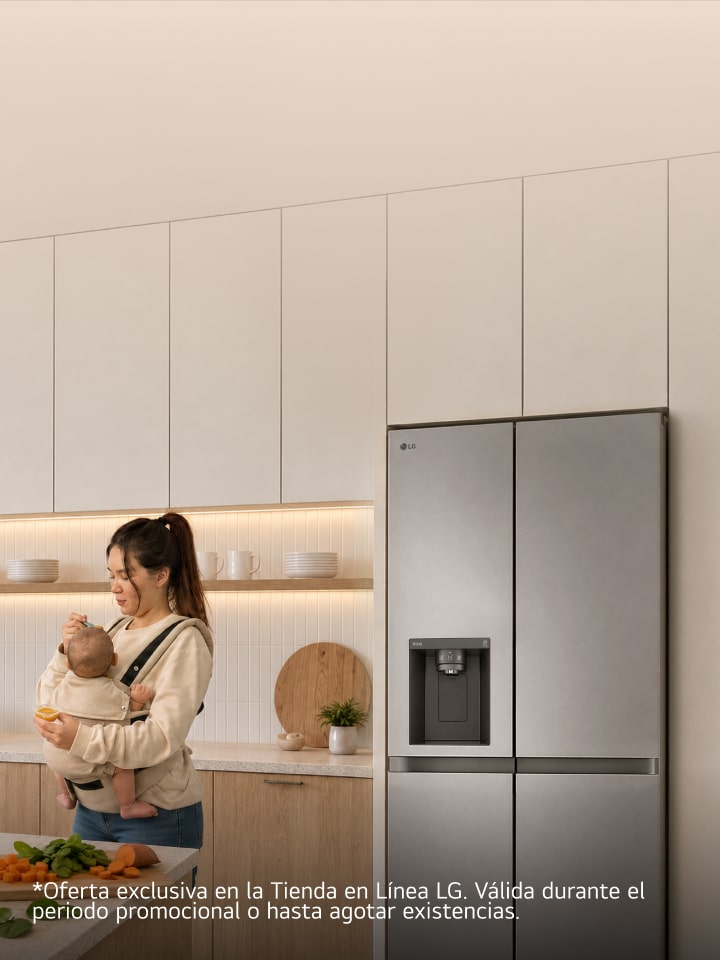 Uma imagem principal de estilo de vida mostrando as rotinas diárias em casa com eletrodomésticos LG. *Oferta exclusiva en LG.com. Válida durante el período promocional o hasta agotar existencias.