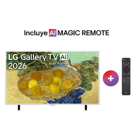 La vista frontal del LG Gallery TV AI con marco LX7 ART TV, lanzado en 2026, presenta un marco Snow White y una base de altura ajustable, con una vívida pintura de frutas amarillas en una canasta tejida en la pantalla.