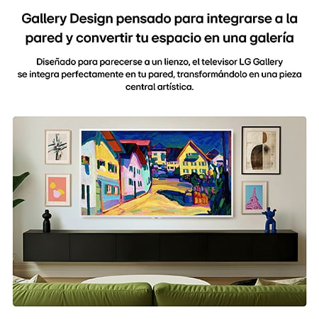 El LG Gallery TV AI con marco LX7 ART TV está montado en la pared con un marco Snow White, mostrando una colorida pintura de casas y una calle iluminada por el sol, ubicado en una sala moderna decorada con múltiples obras enmarcadas.
