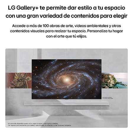 El LG Gallery TV AI con marco LX7 ART TV con LG Gallery+ presenta una selección curada de obras de arte, incluyendo «A Wheatfield, with Cypresses» de Vincent van Gogh, junto con referencias de museos asociados y una oferta visible de 1 mes gratis.