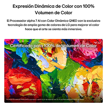 LG Gallery TV AI con marco LX7 ART TV con Dynamic QNED Color muestra un primer plano de una pintura con rica textura, donde los rojos, amarillos y verdes intensificados resaltan su 100% de volumen de color y dan vida al arte.