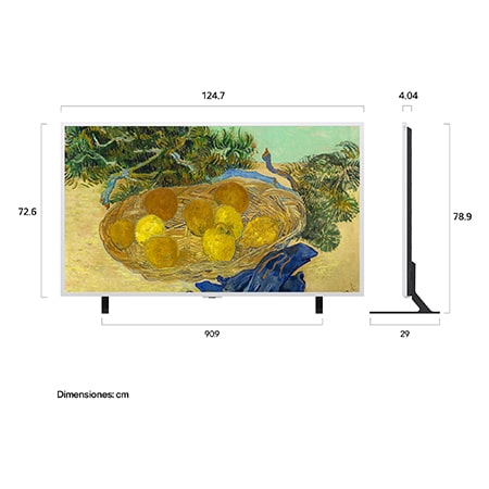 La imagen frontal y lateral del LG Gallery TV AI con marco LX7 ART TV muestra una pantalla de 55 pulgadas con una anchura de 1247 mm, una altura de 726 mm, una altura con soporte de 759/789 mm, un grosor de 40.4 mm y una base con unas dimensiones de 909 x 290 mm.