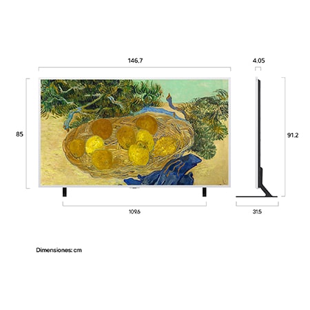 La imagen frontal y lateral del LG Gallery TV AI con marco LX7 ART TV muestra una pantalla de 65 pulgadas con una anchura de 1096 mm, una altura de 850 mm, una altura con soporte de 882/912 mm, un grosor de 40.5 mm y una base con unas dimensiones de 1096 x 315 mm.