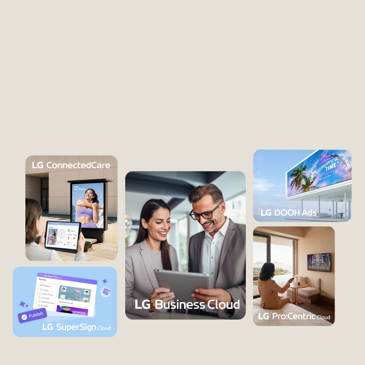 Esta imagen muestra la pantalla principal de LG Business Cloud en un monitor, con varias vistas de páginas web detrás.