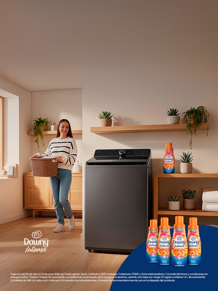 Compra una lavadora carga superior LG AI y llévate 2 meses de suavizante Downy Intense de regalo