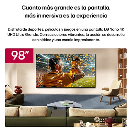 LG NANO 4K UHD AI NU85 98-inch Ultra Big TV is wall-mounted in a living space, showing a sports victory scene with confetti and a trophy, emphasizing vivid color, clear detail, and an immersive sense of scale.
