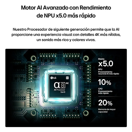 LG NANO 4K UHD AI NU85’s alpha 8 AI Processor 4K Gen3 glows in blue light on a circuit board, highlighting AI processing performance with NPU x5.0 Faster Neural Processing, GPU 10% More Powerful Graphics, and 20% Memory Enhanced Throughput.