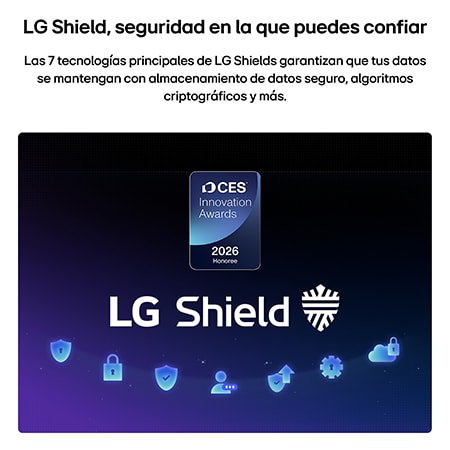 LG Shield, applied to LG QNED evo AI QNED85, is shown with an LG Shield logo at the center, security icons below, and a 2026 CES Innovation Awards Honoree badge above, representing data and system protection.